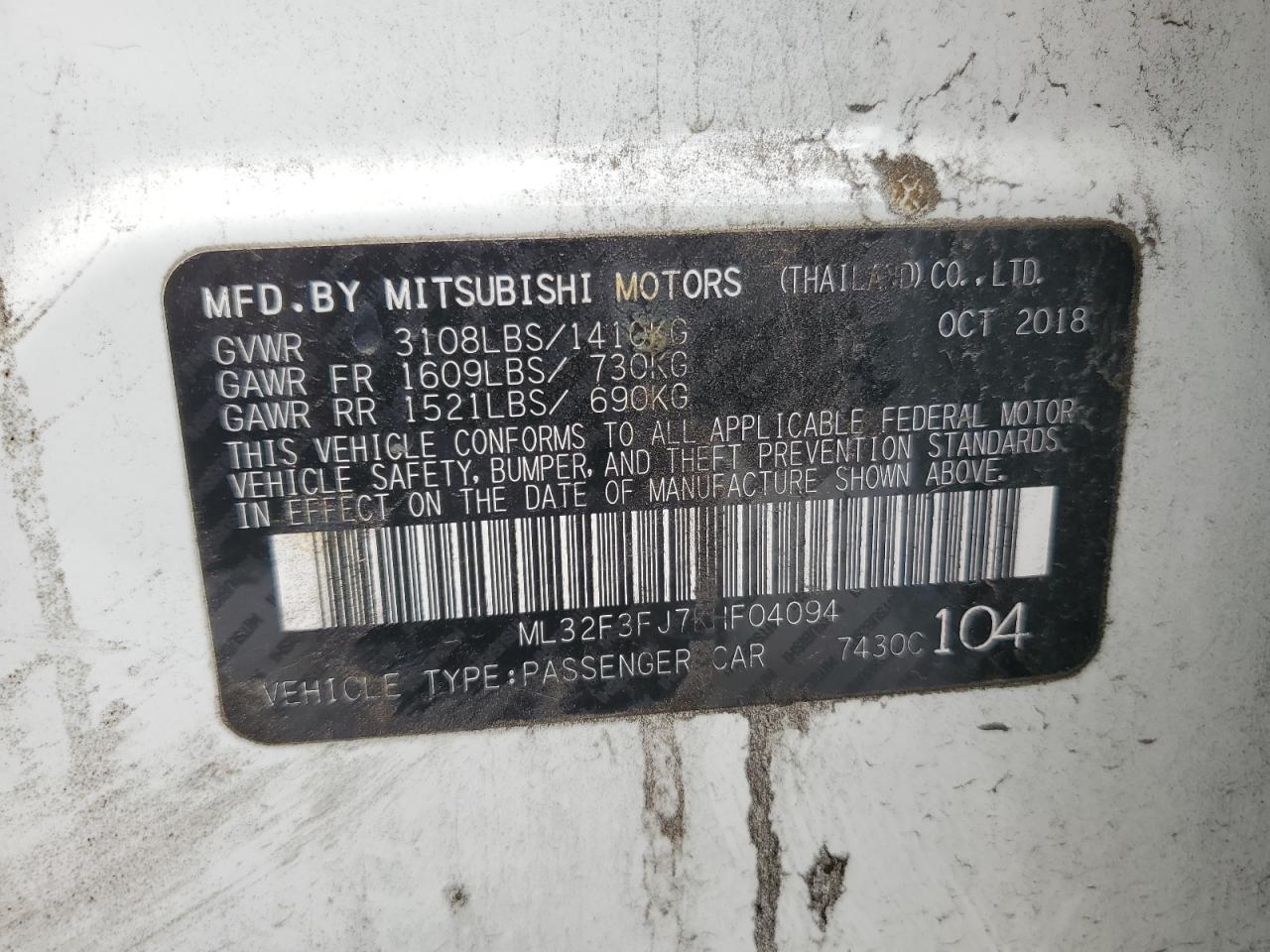 ML32F3FJ7KHF04094 2019 Mitsubishi Mirage G4 Es