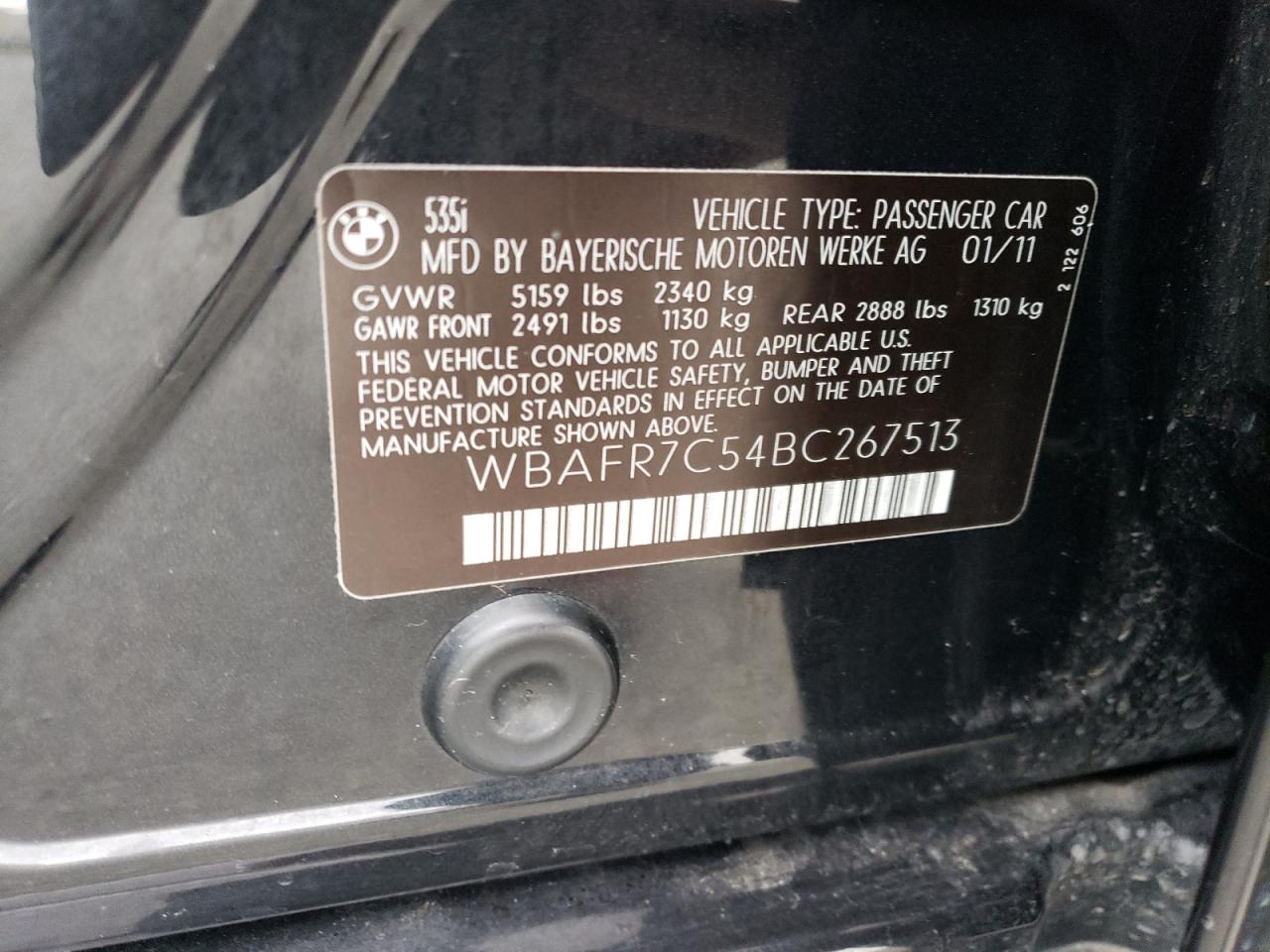 2011 BMW 535 I VIN: WBAFR7C54BC267513 Lot: 58391584