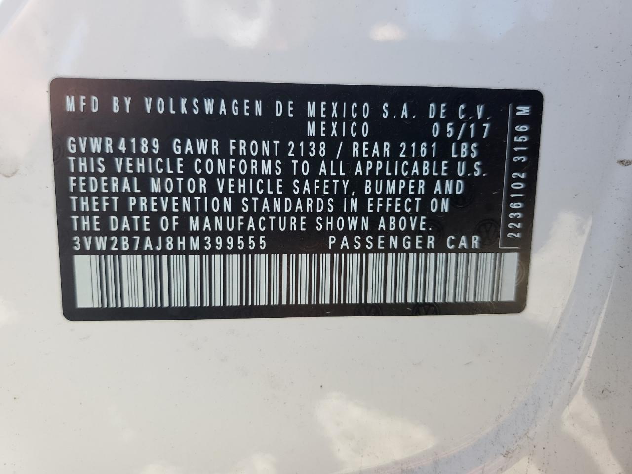 2017 Volkswagen Jetta S VIN: 3VW2B7AJ8HM399555 Lot: 59481004