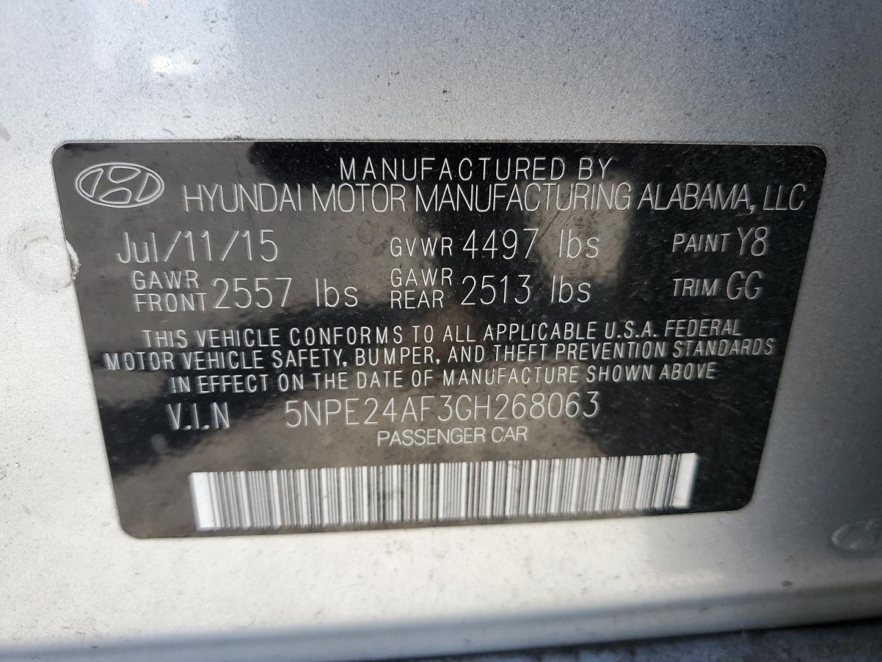 2016 Hyundai Sonata Se VIN: 5NPE24AF3GH268063 Lot: 58129624