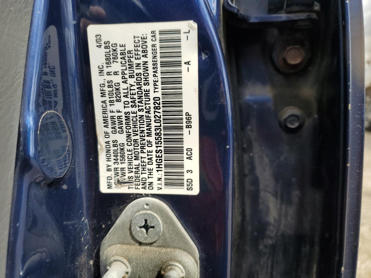 2003 Honda Civic Lx VIN: 1HGES15583L027820 Lot: 57726454