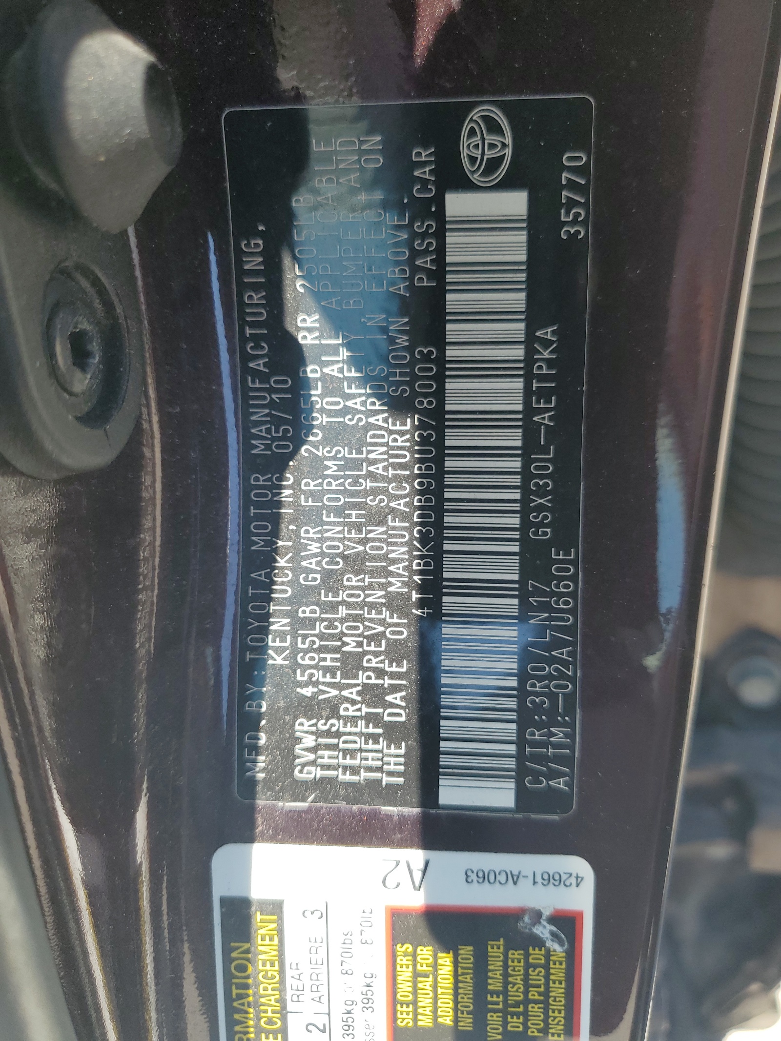 4T1BK3DB9BU378003 2011 Toyota Avalon Base