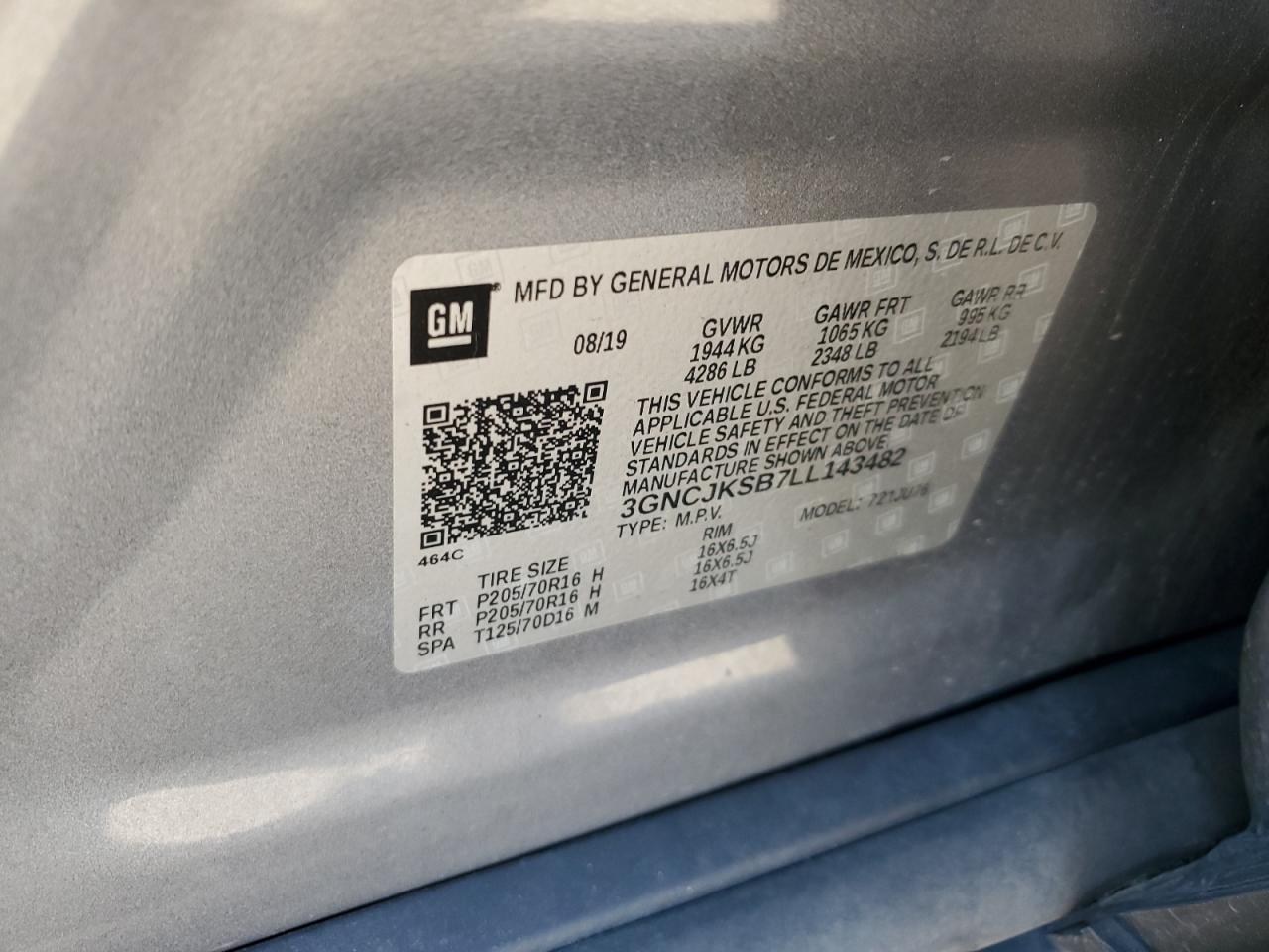 2020 Chevrolet Trax Ls VIN: 3GNCJKSB7LL143482 Lot: 59944384