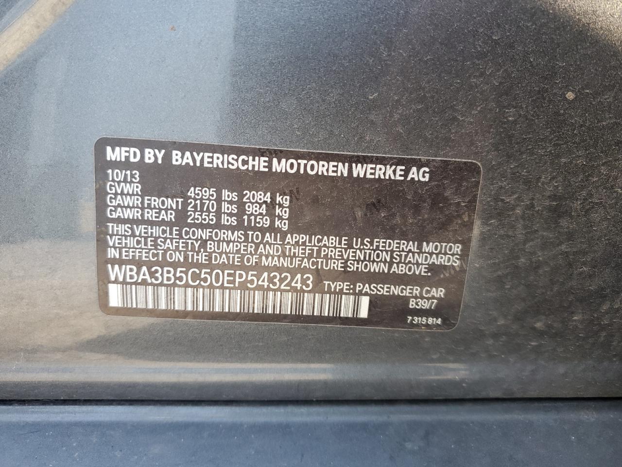 2014 BMW 328 Xi Sulev VIN: WBA3B5C50EP543243 Lot: 60700254