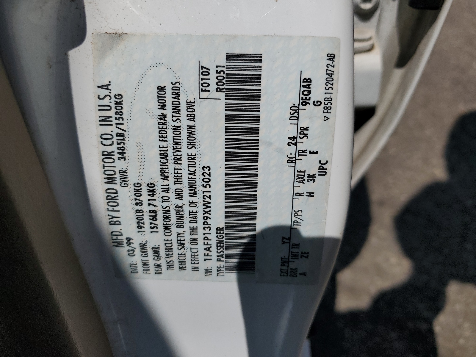 1FAFP13P9XW215023 1999 Ford Escort Se