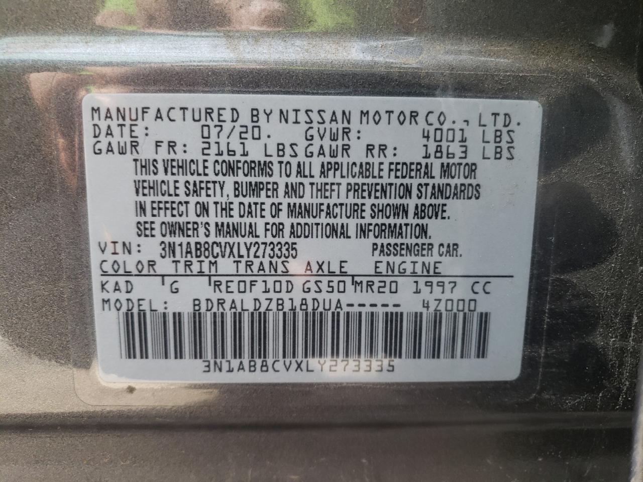 2020 Nissan Sentra Sv VIN: 3N1AB8CVXLY273335 Lot: 61008284