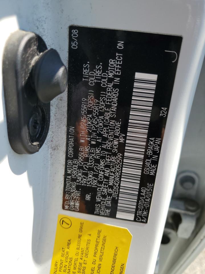 2008 Toyota Highlander Limited VIN: JTEDS42A982052599 Lot: 60337384