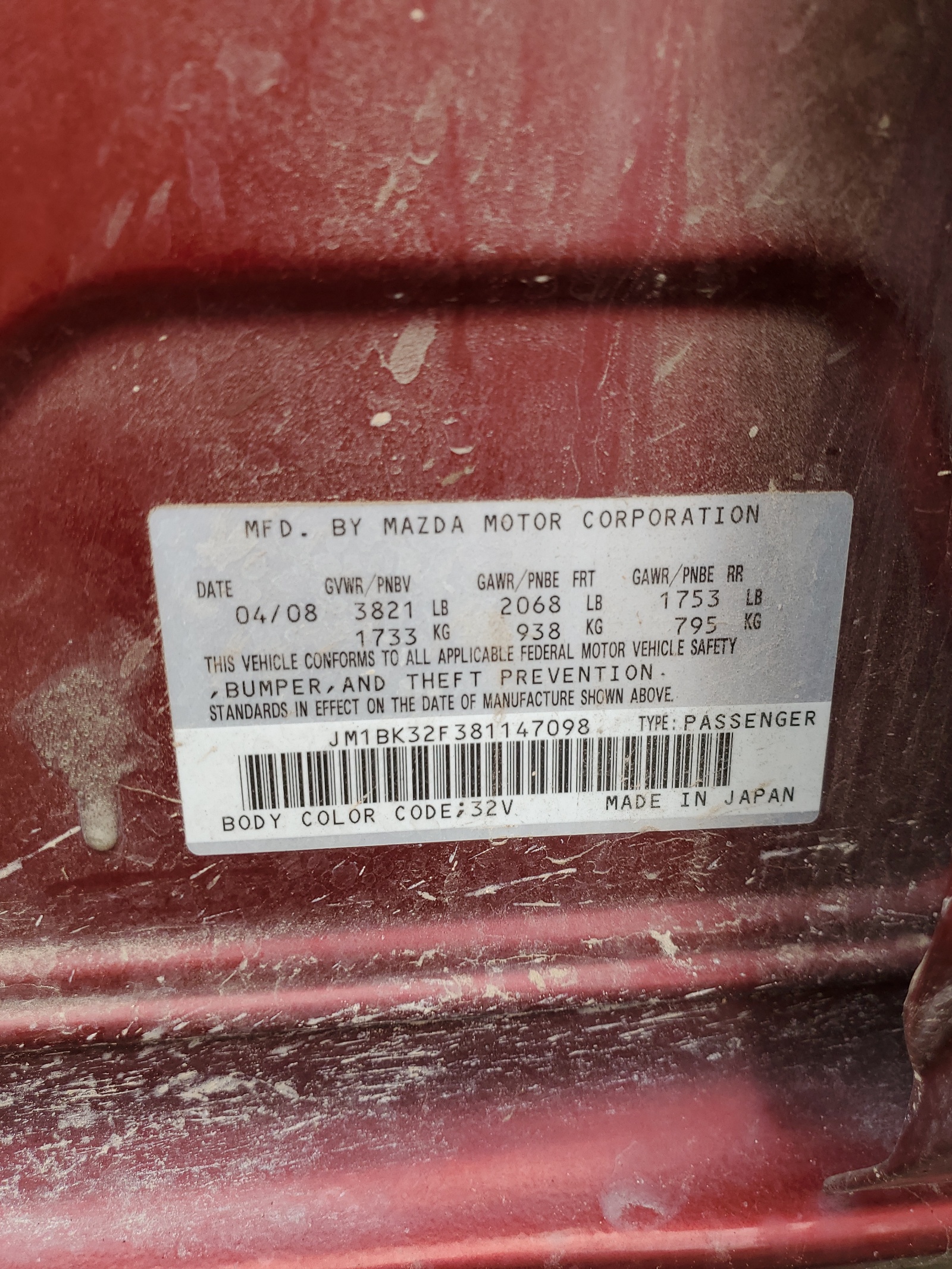 JM1BK32F381147098 2008 Mazda 3 I