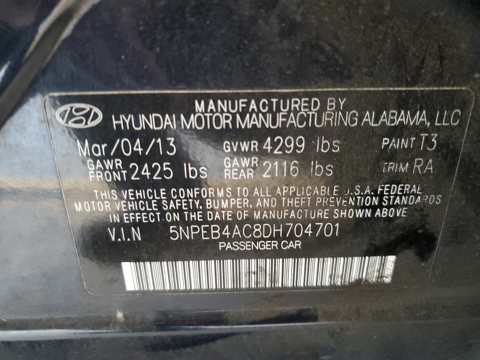 5NPEB4AC8DH704701 2013 Hyundai Sonata Gls