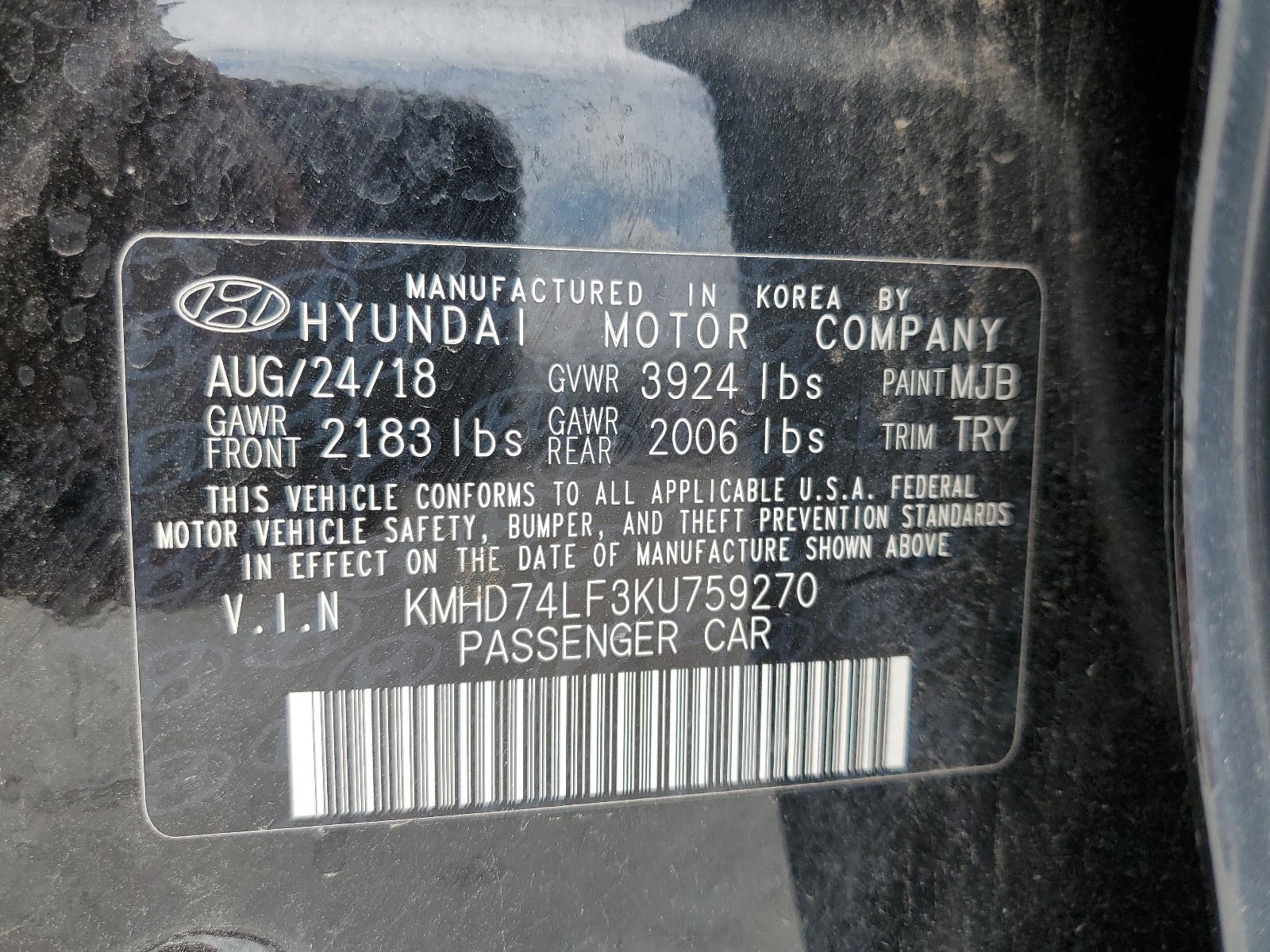 KMHD74LF3KU759270 2019 Hyundai Elantra Se