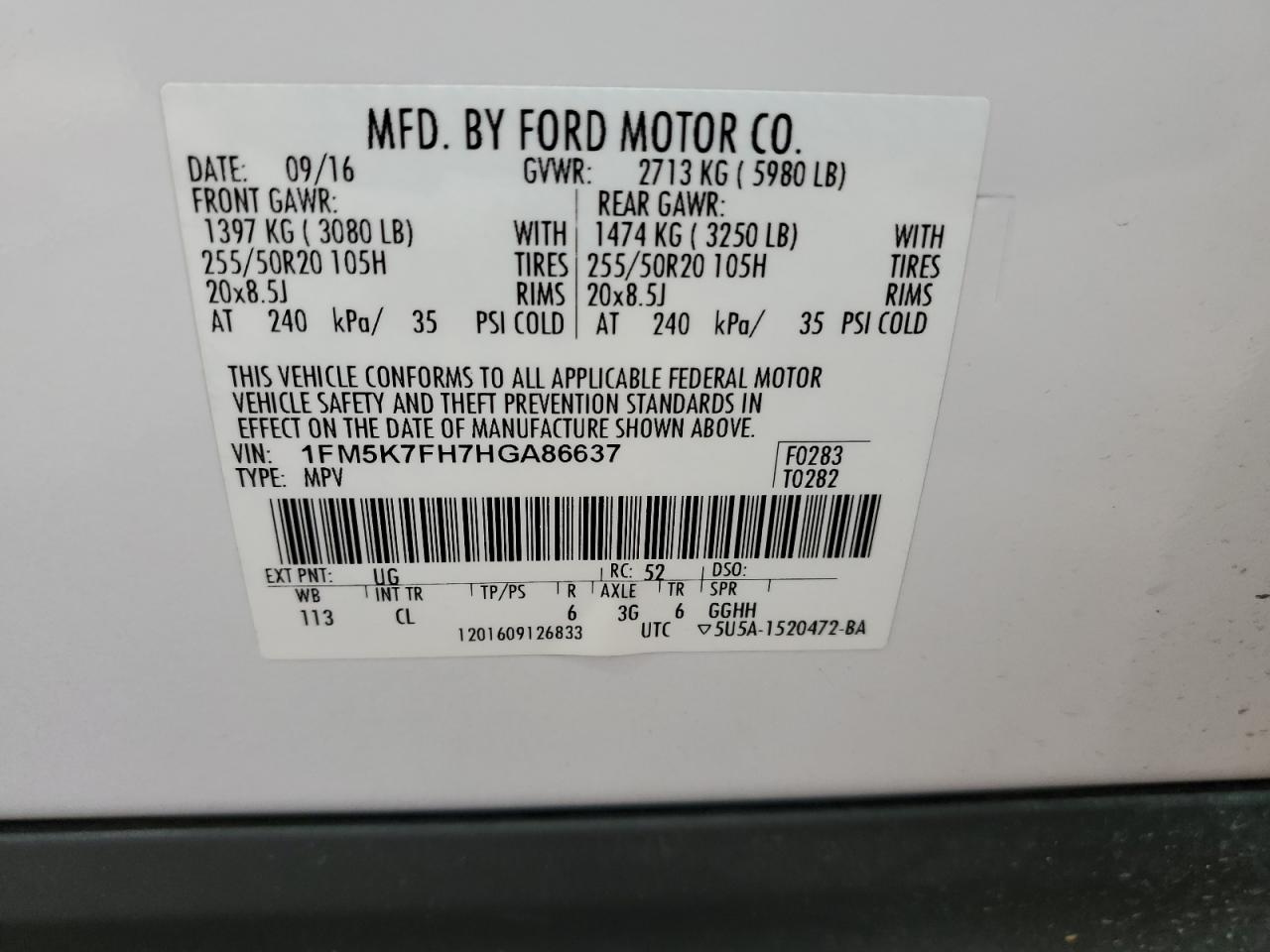 2017 Ford Explorer Limited VIN: 1FM5K7FH7HGA86637 Lot: 59526284