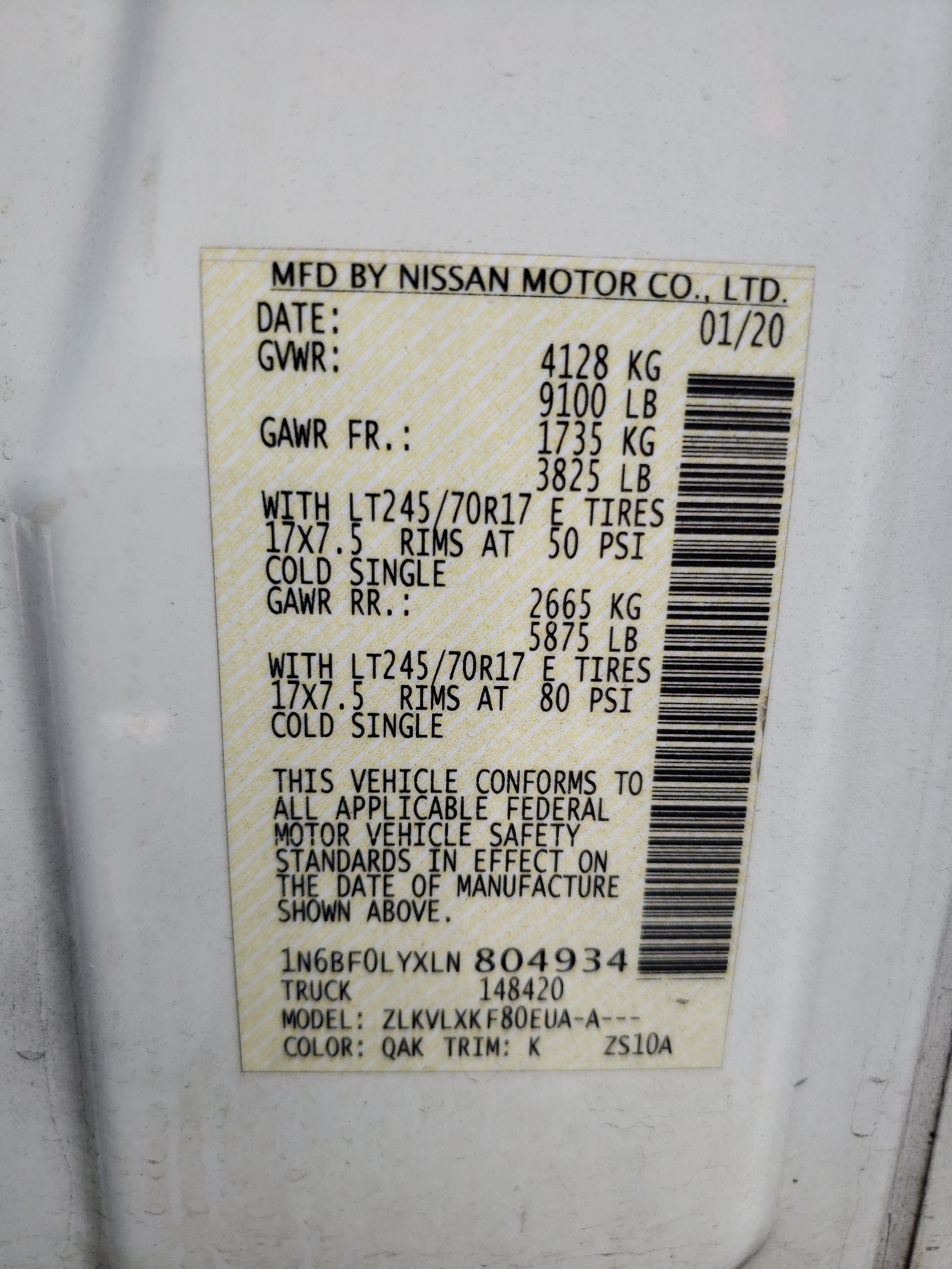 1N6BF0LYXLN804934 2020 Nissan Nv 2500 S