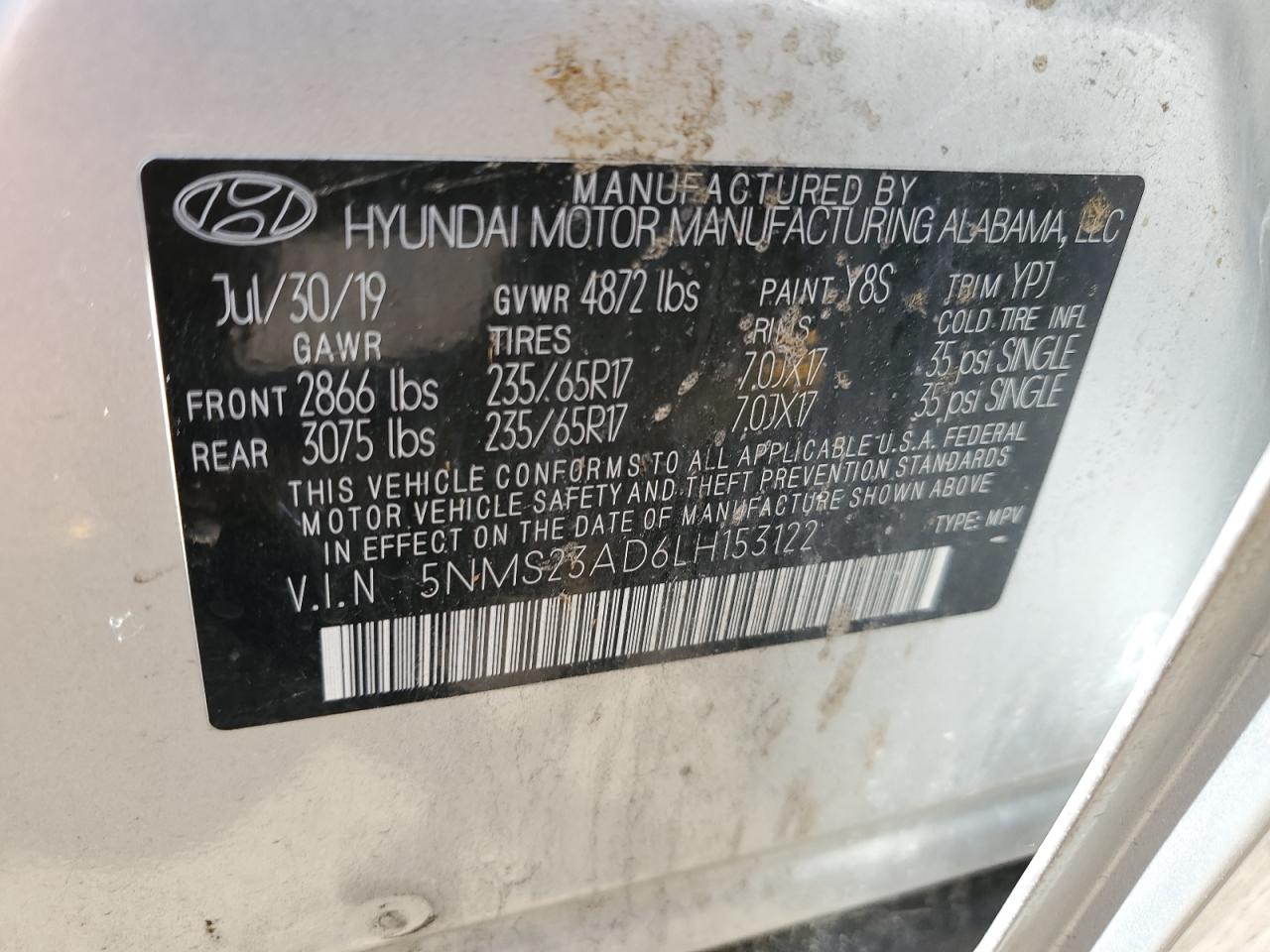 2020 Hyundai Santa Fe Se VIN: 5NMS23AD6LH153122 Lot: 56796164