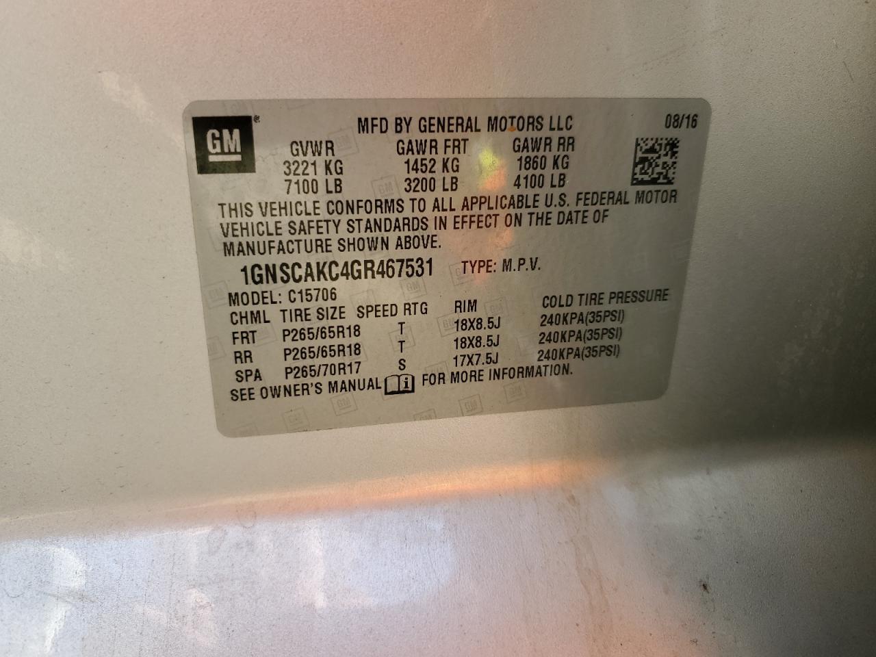 2016 Chevrolet Tahoe C1500 Ls VIN: 1GNSCAKC4GR467531 Lot: 59971014