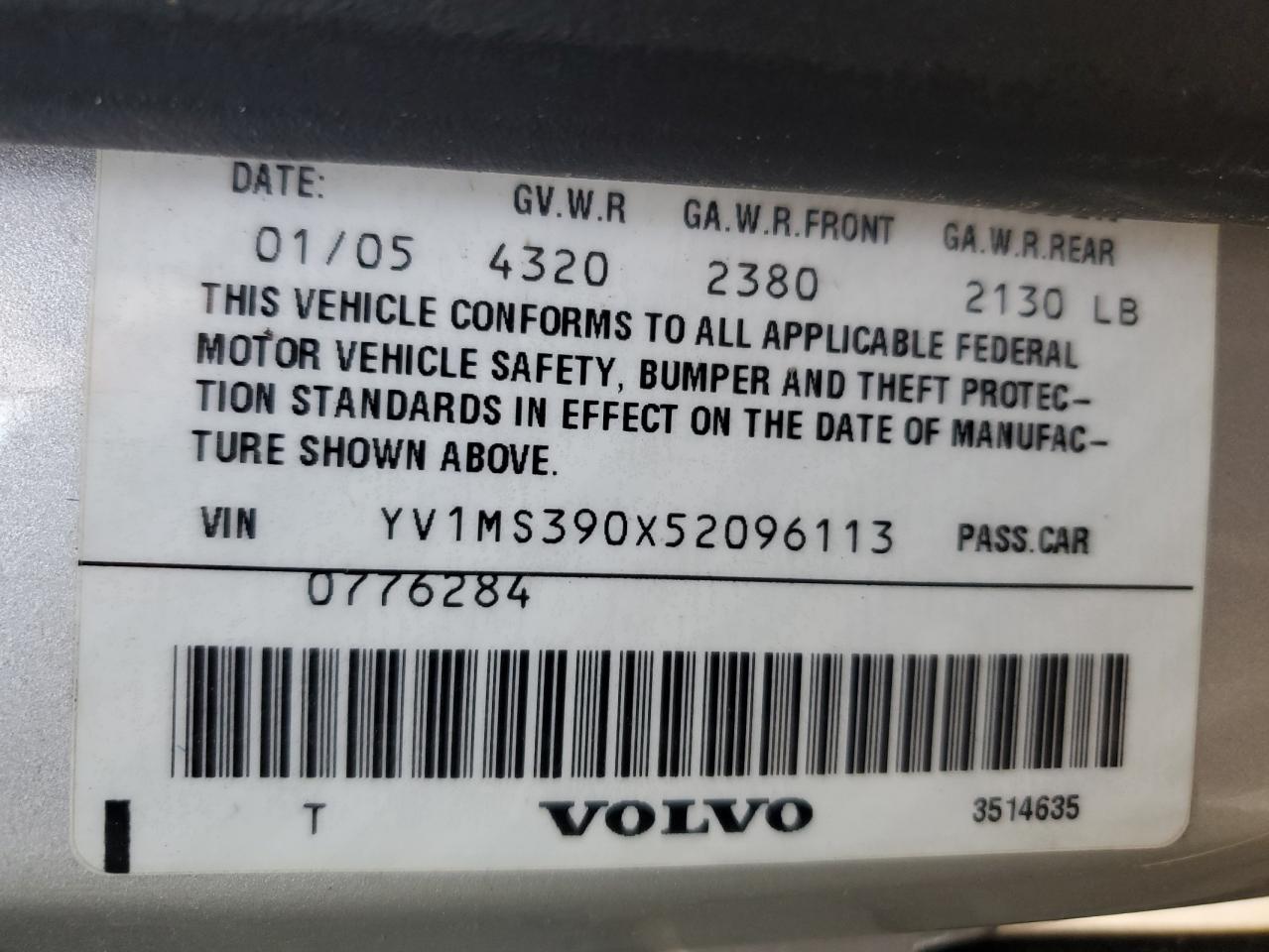 2005 Volvo S40 2.4I VIN: YV1MS390X52096113 Lot: 58819694