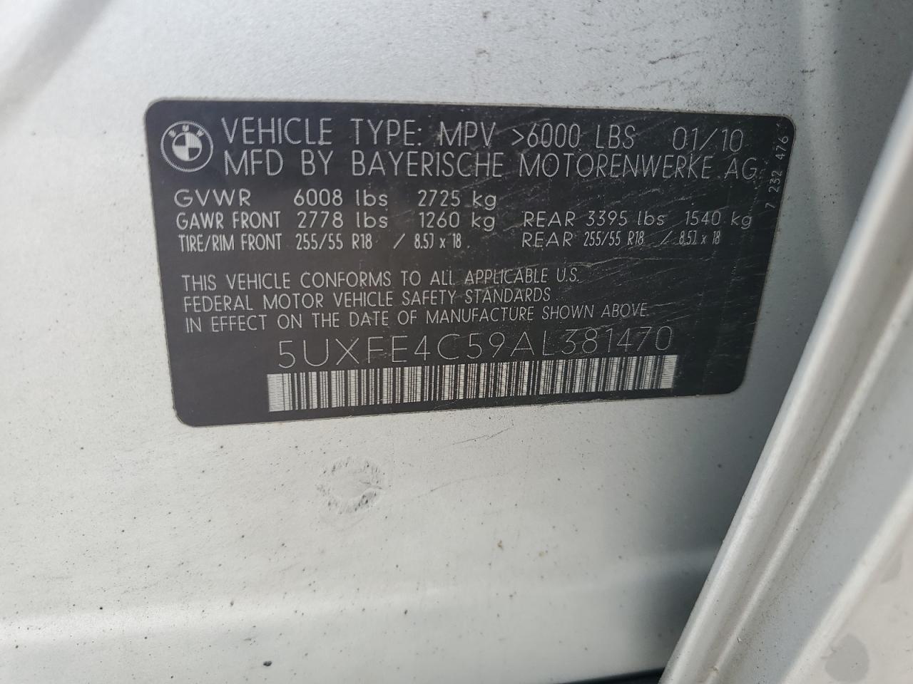 2010 BMW X5 xDrive30I VIN: 5UXFE4C59AL381470 Lot: 57787354