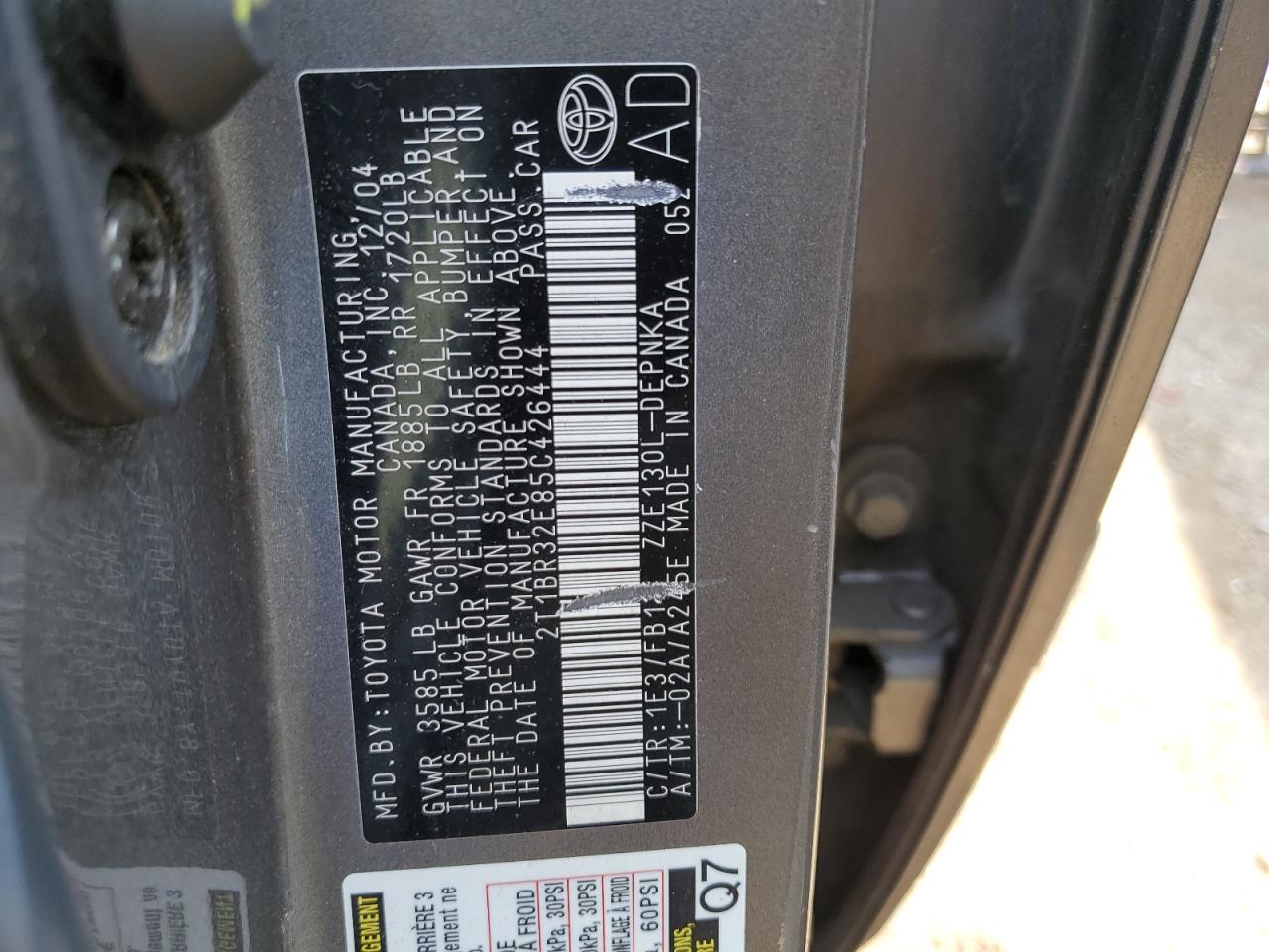 2005 Toyota Corolla Ce VIN: 2T1BR32E85C426444 Lot: 59408714