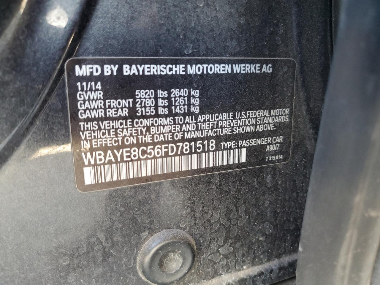 2015 BMW 750 Li VIN: WBAYE8C56FD781518 Lot: 56246254