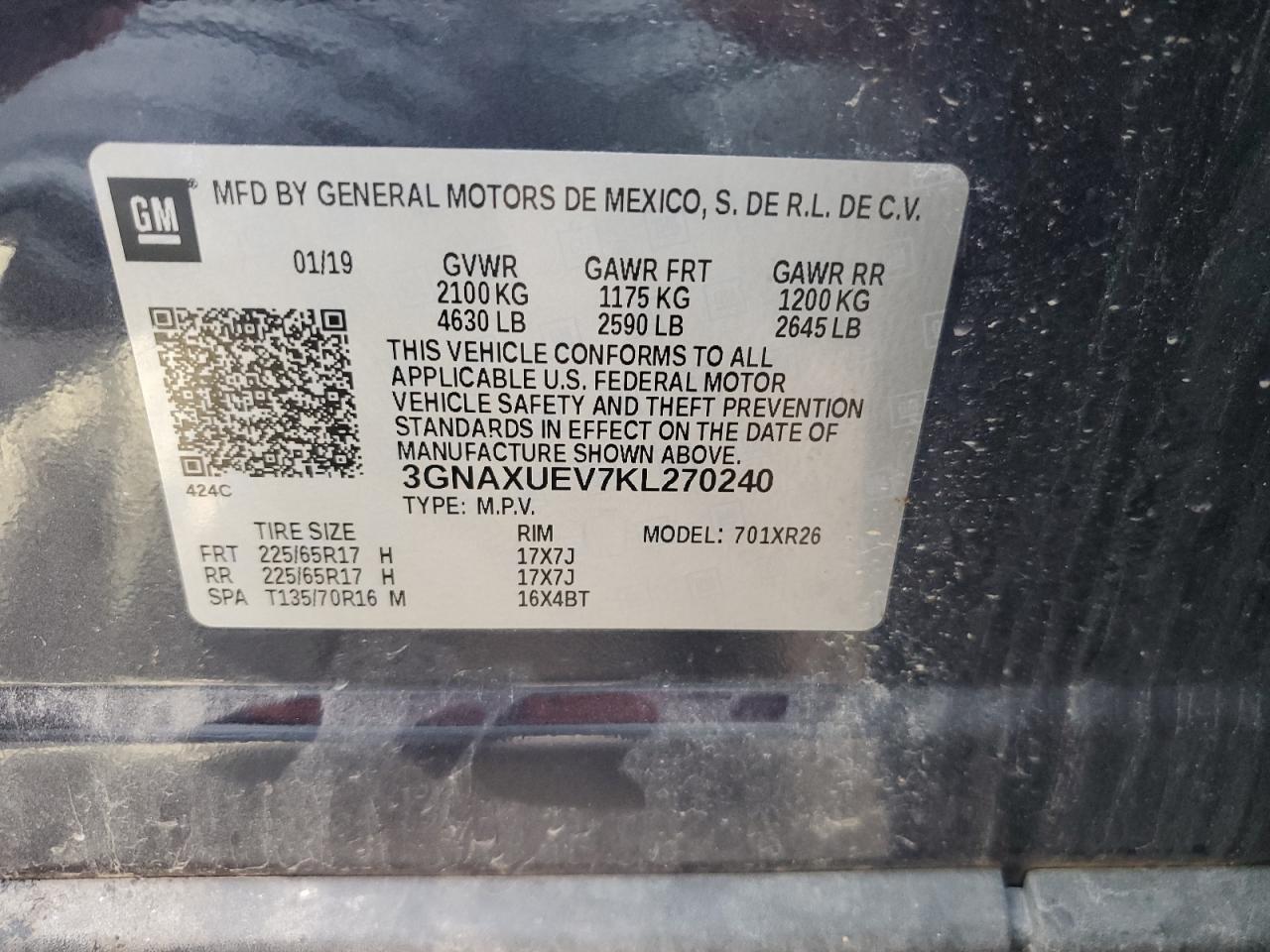 3GNAXUEV7KL270240 2019 Chevrolet Equinox Lt