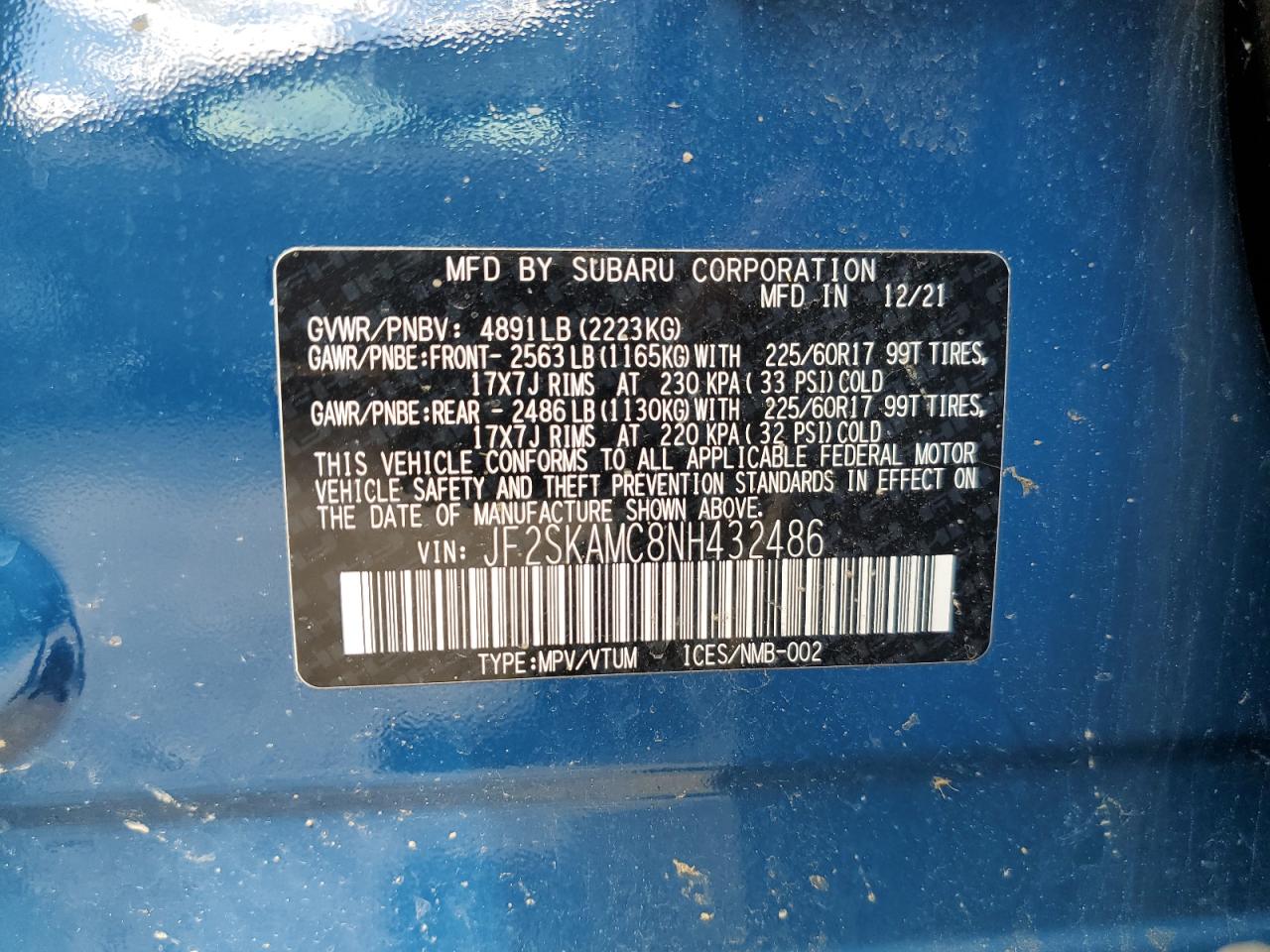 2022 Subaru Forester Wilderness VIN: JF2SKAMC8NH432486 Lot: 58288994