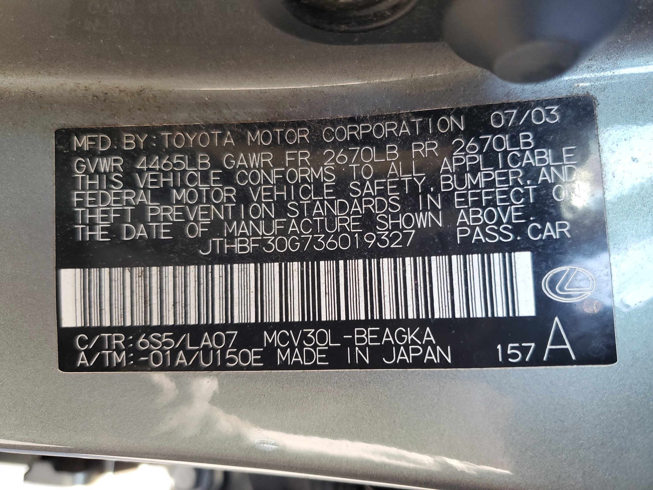 JTHBF30G736019327 2003 Lexus Es 300