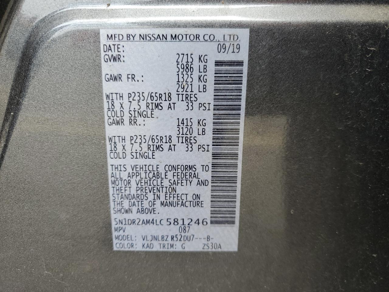 2020 Nissan Pathfinder S VIN: 5N1DR2AM4LC581246 Lot: 57853514