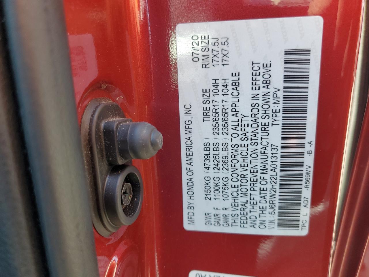 2020 Honda Cr-V Lx VIN: 5J6RW2H22LA013137 Lot: 60383854