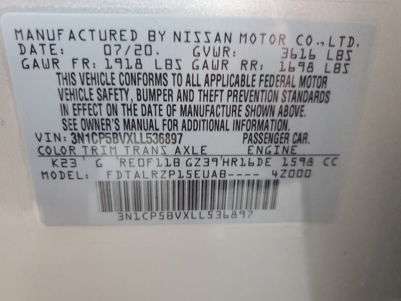 3N1CP5BVXLL536897 2020 Nissan Kicks S