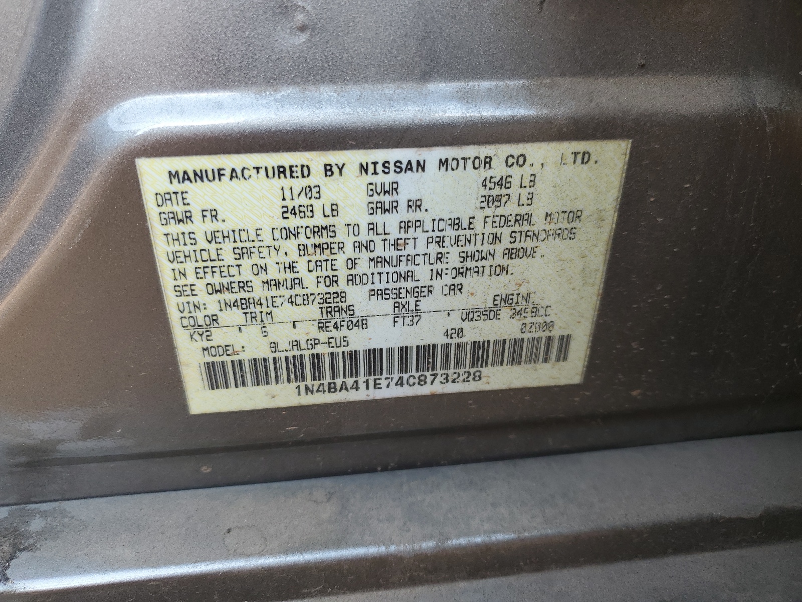 1N4BA41E74C873228 2004 Nissan Maxima Se