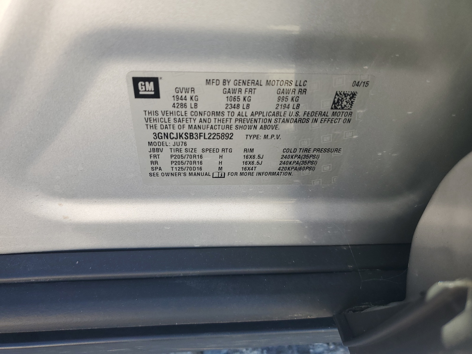 3GNCJKSB3FL225892 2015 Chevrolet Trax Ls