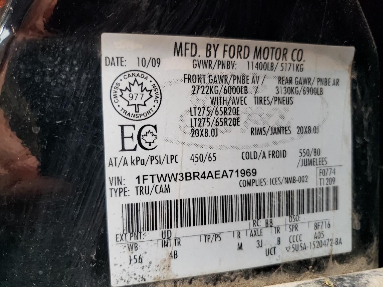 2010 Ford F350 Super Duty VIN: 1FTWW3BR4AEA71969 Lot: 60106254