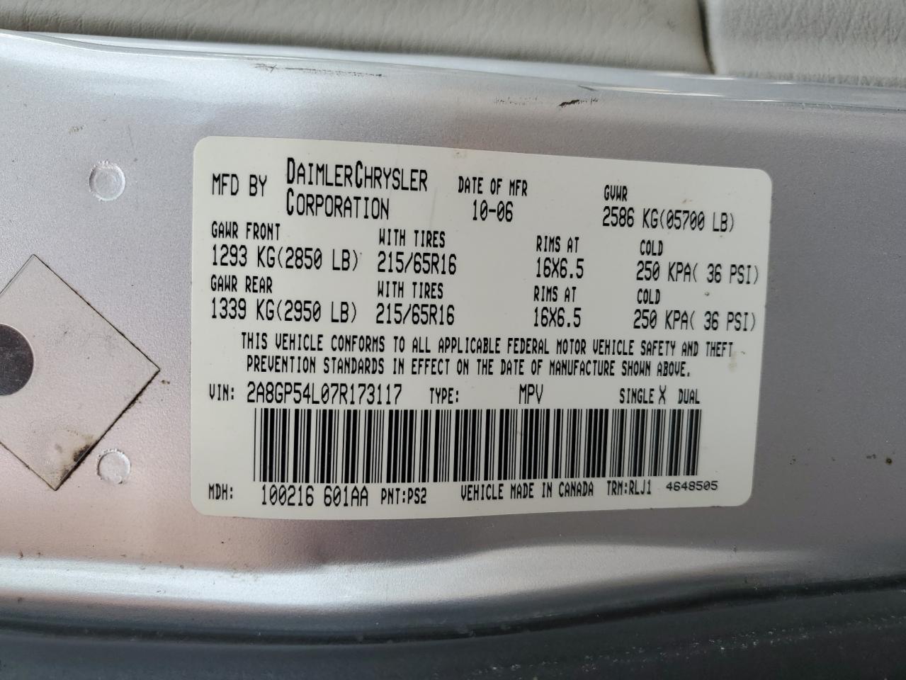 2007 Chrysler Town & Country Touring VIN: 2A8GP54L07R173117 Lot: 59320944