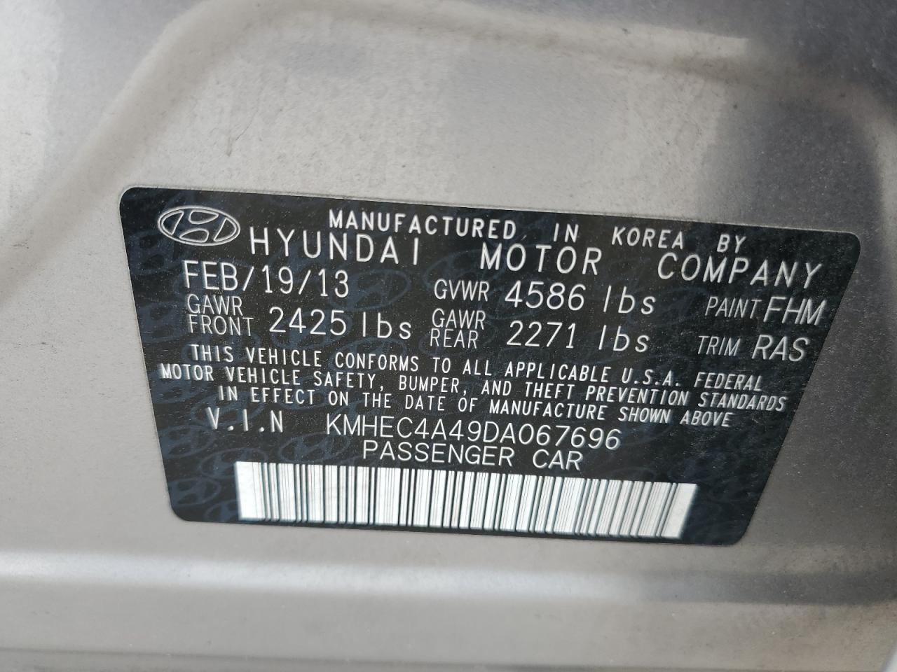2013 Hyundai Sonata Hybrid VIN: KMHEC4A49DA067696 Lot: 58260754