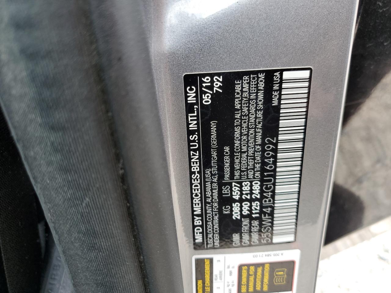 2016 Mercedes-Benz C 300 VIN: 55SWF4JB4GU164992 Lot: 59043154