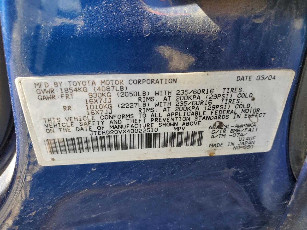 2004 Toyota Rav4 VIN: JTEHD20VX40022510 Lot: 58761694