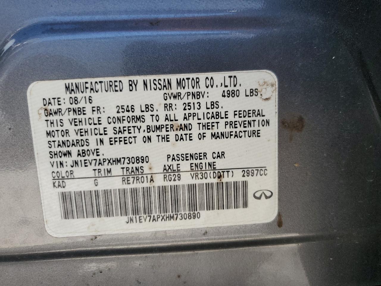 2017 Infiniti Q50 Premium VIN: JN1EV7APXHM730890 Lot: 58171634