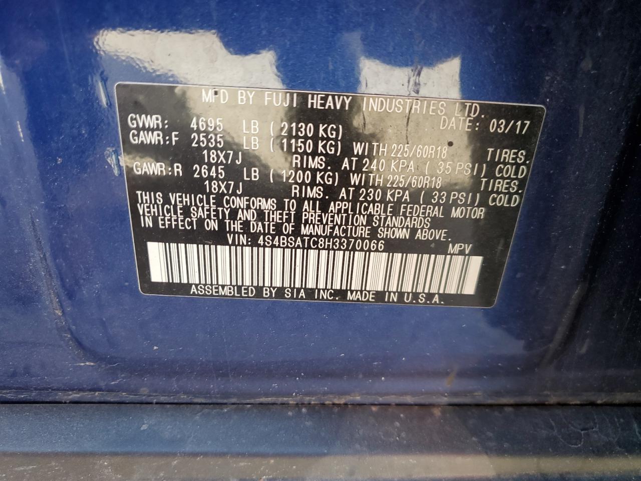 2017 Subaru Outback Touring VIN: 4S4BSATC8H3370066 Lot: 58479024