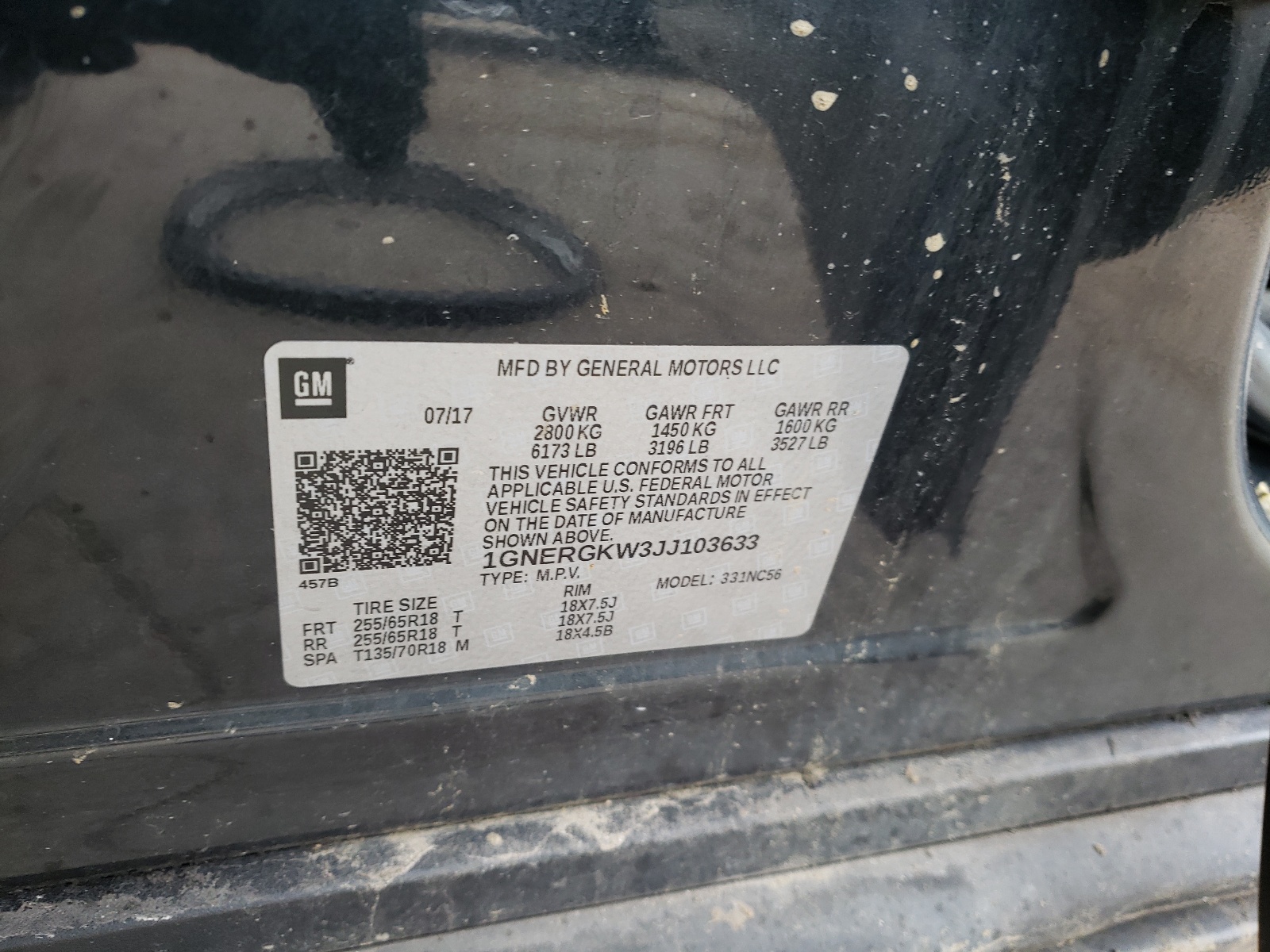 1GNERGKW3JJ103633 2018 Chevrolet Traverse Lt