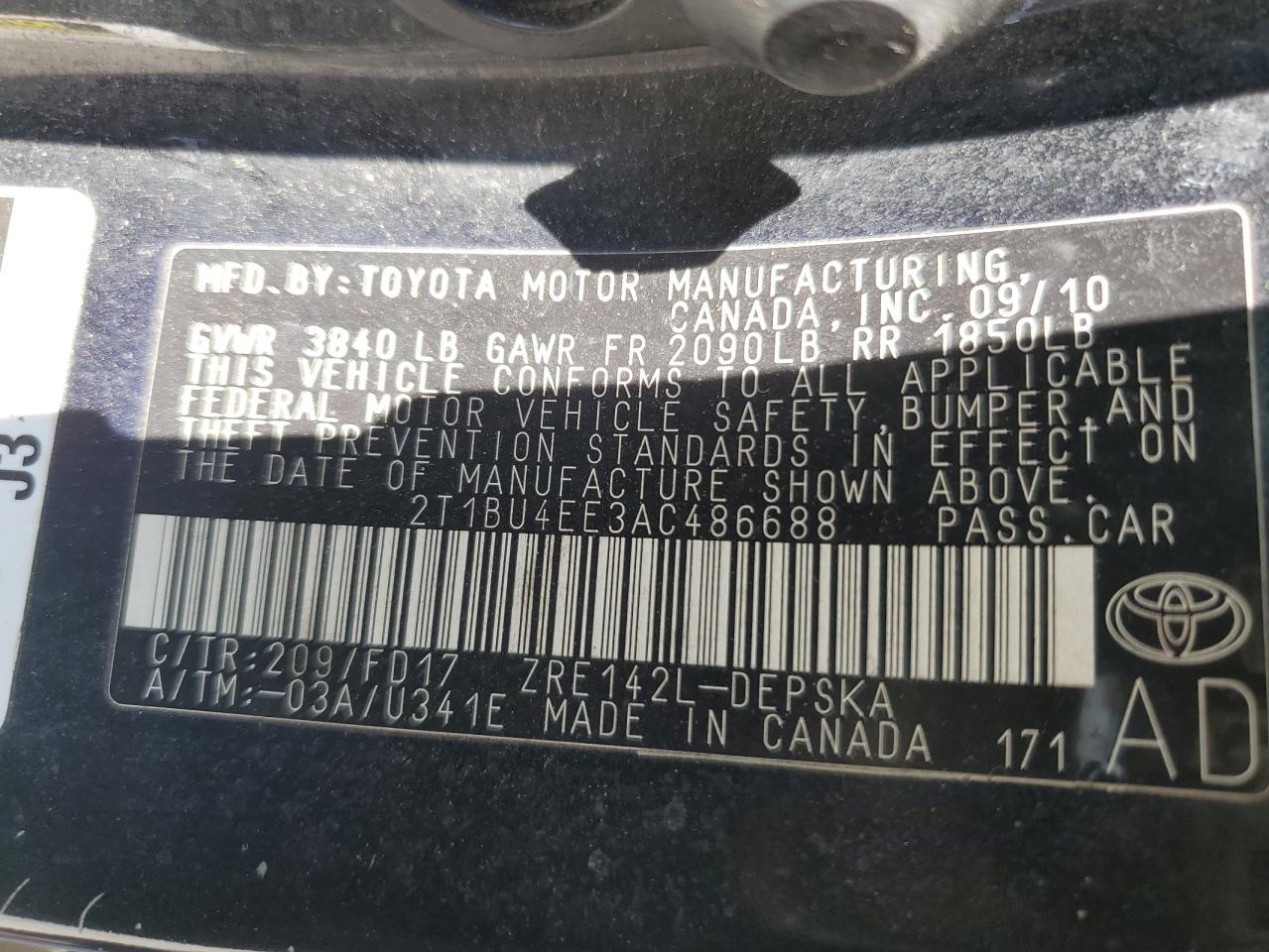 2T1BU4EE3AC486688 2010 Toyota Corolla Base