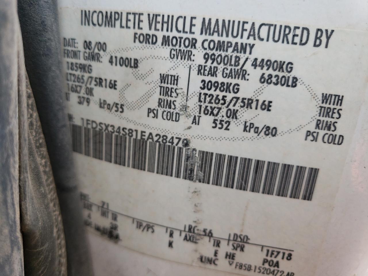 2001 Ford F350 Srw Super Duty VIN: 1FDSX34S81EA28470 Lot: 58495484