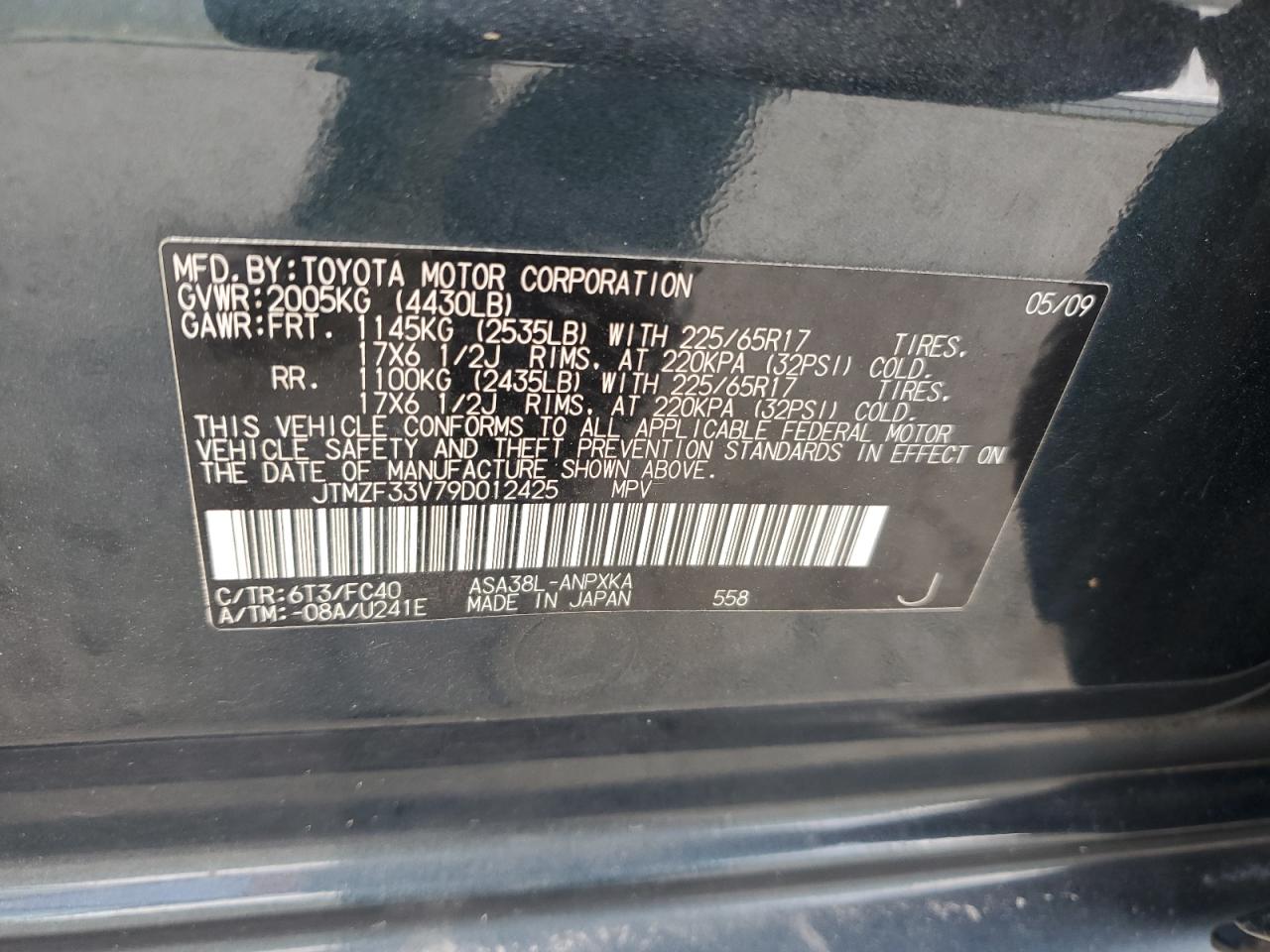 2009 Toyota Rav4 VIN: JTMZF33V79D012425 Lot: 59210224