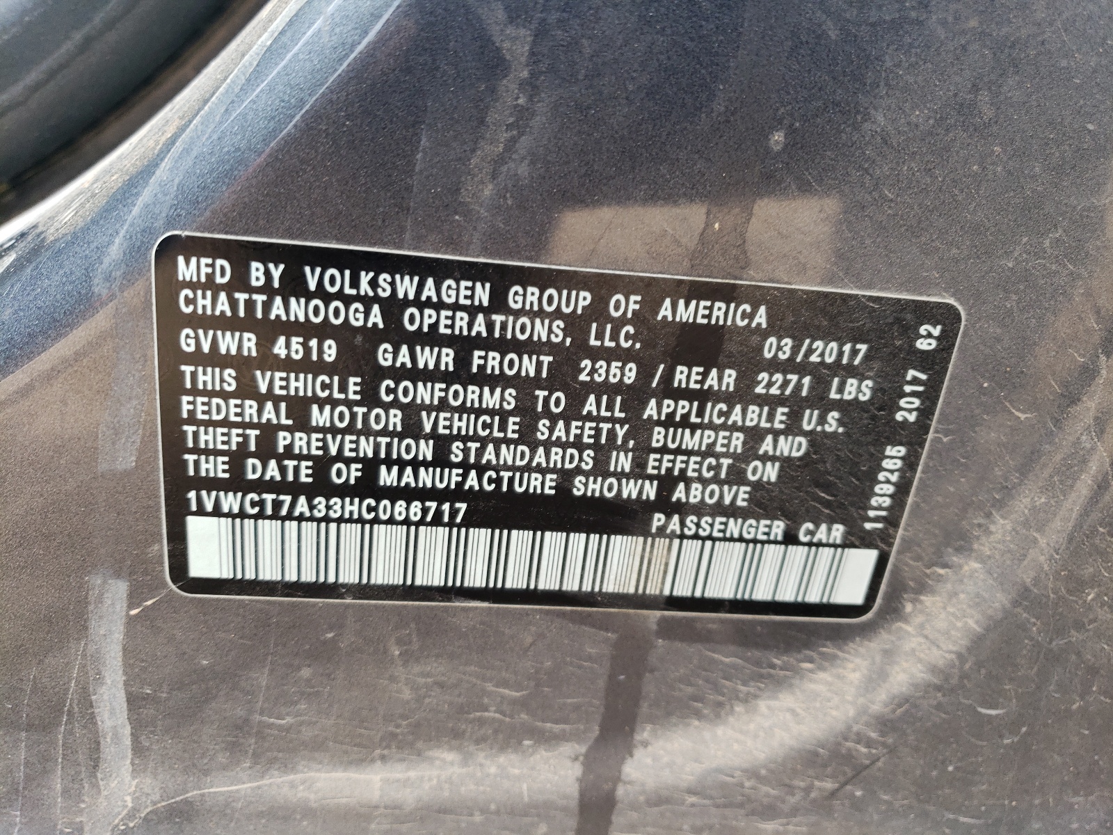 1VWCT7A33HC066717 2017 Volkswagen Passat Sel Premium