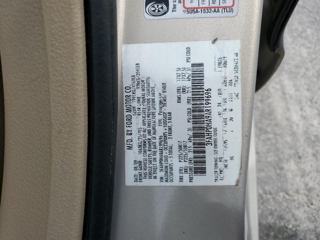 2010 Ford Fusion Se VIN: 3FAHP0HA9AR199696 Lot: 59505744