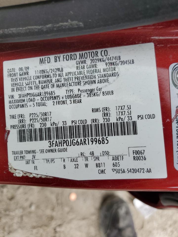 2010 Ford Fusion Sel VIN: 3FAHP0JG6AR199685 Lot: 57670344