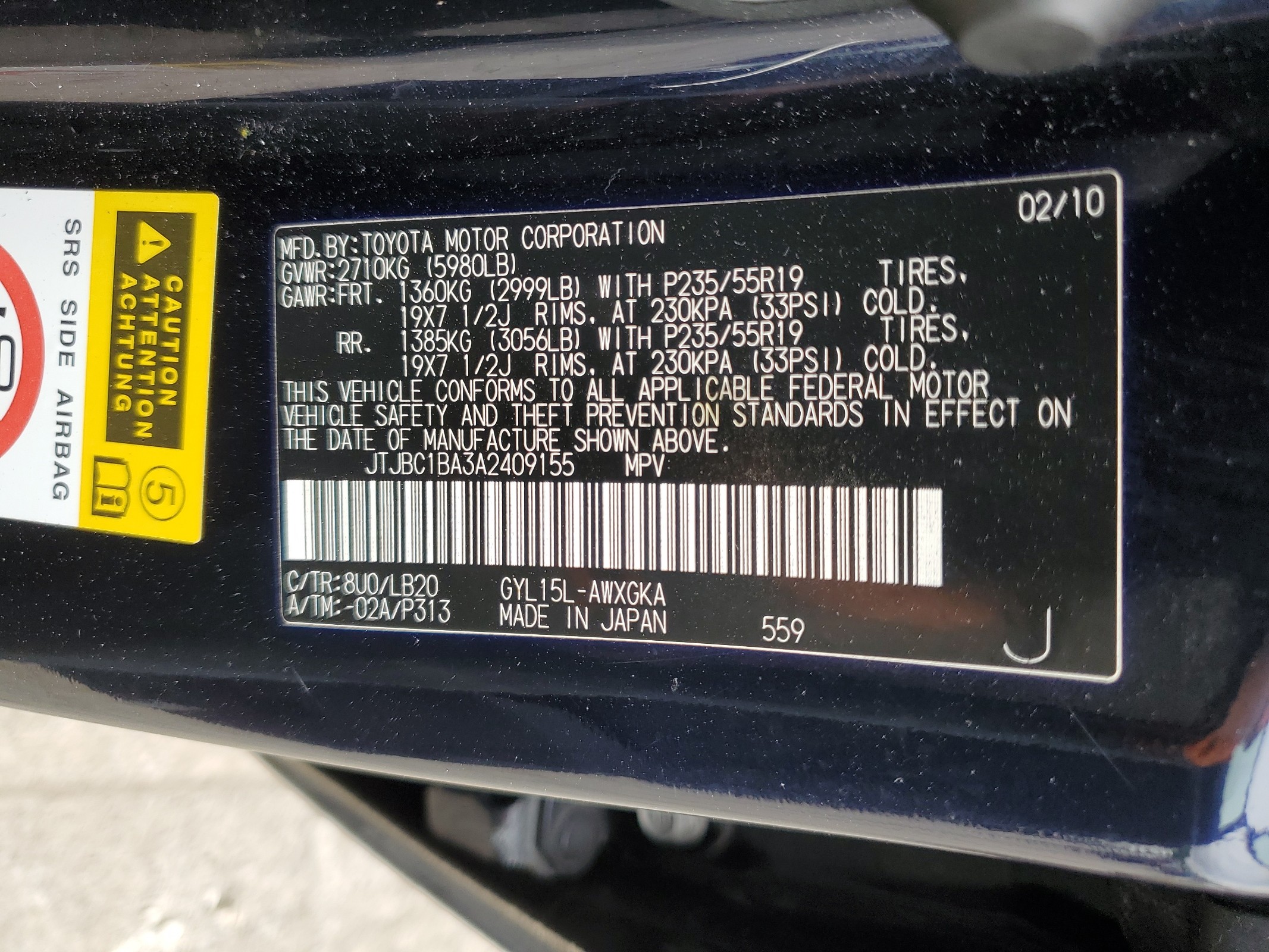 JTJBC1BA3A2409155 2010 Lexus Rx 450