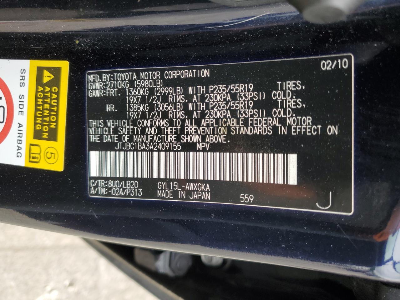 2010 Lexus Rx 450 VIN: JTJBC1BA3A2409155 Lot: 56869754