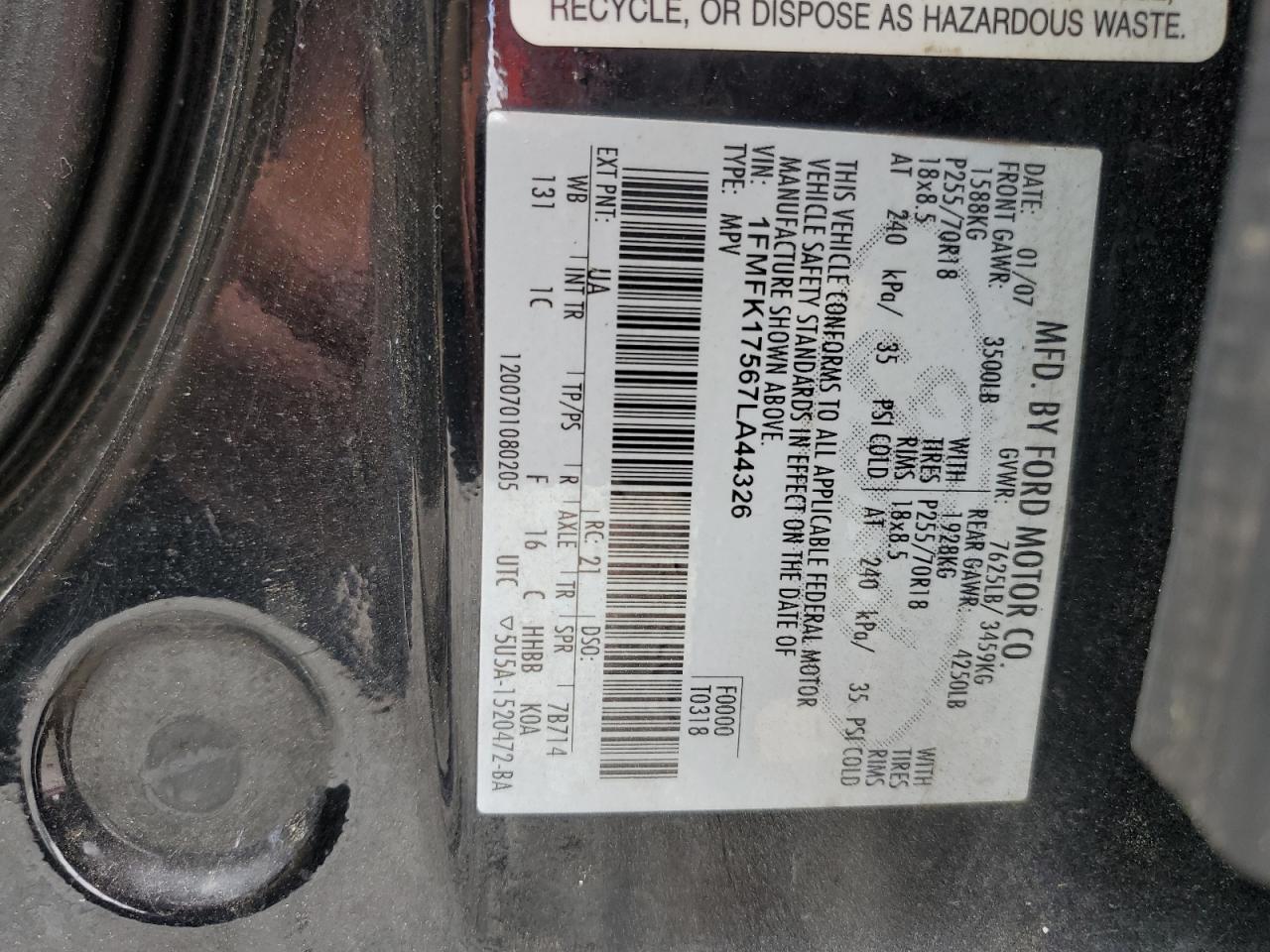 2007 Ford Expedition El Eddie Bauer VIN: 1FMFK17567LA44326 Lot: 57624434