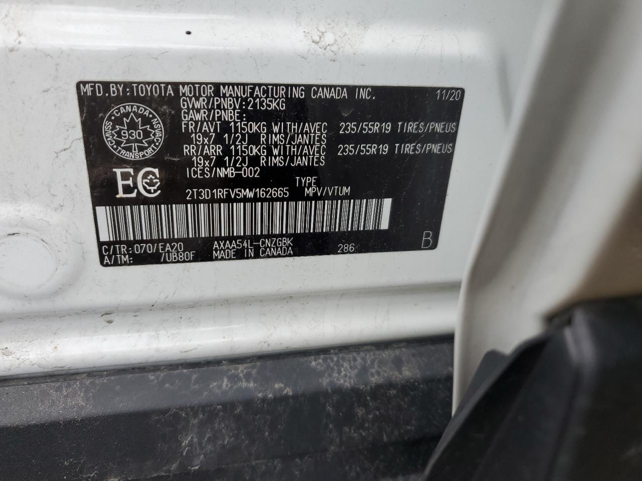 2T3D1RFV5MW162665 2021 Toyota Rav4 Limited