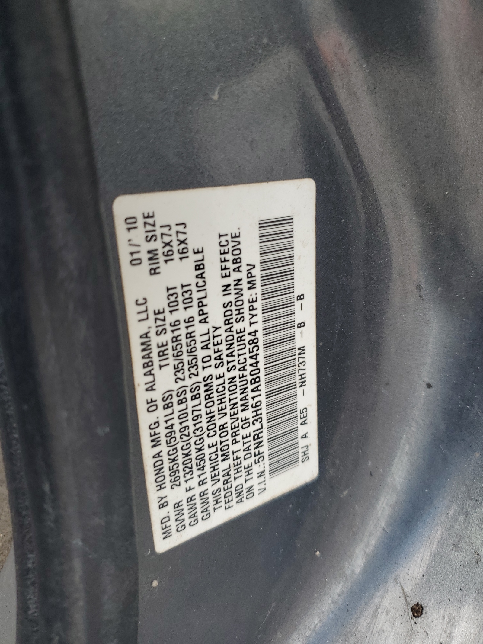 5FNRL3H61AB044584 2010 Honda Odyssey Exl