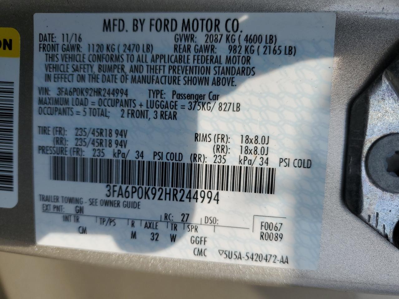 2017 Ford Fusion Titanium VIN: 3FA6P0K92HR244994 Lot: 57293544